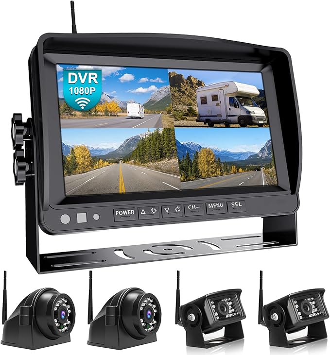 Fookoo HD 1080P 9" Wireless Backup Camera System, 9-inch Quad Split Screen Monitor w/Recording, IP69 Waterproof Side View Rear View Cameras, Digital Signal, Parking Lines for RV/Truck/Trailer (DW9T4)-PurrikoPets