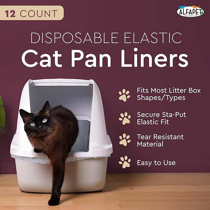 Alfapet Elastic Cat Litter Box Liners - Large 12 Count - Tear-Resistant Cat Litter Bags - Waterproof Kitty Litter Liners - Fits Litterbox Pan Sizes Medium and Large, 31" x 17", 20 lb Capacity-PurrikoPets
