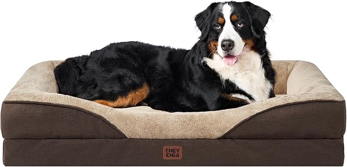 EHEYCIGA Memory Foam XXL Dog Bed for XLarge Sized, Extra Large Orthopedic Dog Sofa with Sides and Waterproof Liner, Washable Bolster Pet Couch with Removable Cover, 52x41x8 Inch, Brown-PurrikoPets