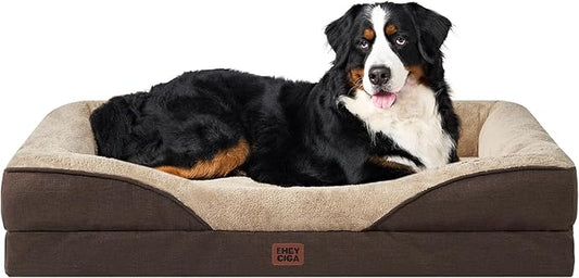 EHEYCIGA Memory Foam XXL Dog Bed for XLarge Sized, Extra Large Orthopedic Dog Sofa with Sides and Waterproof Liner, Washable Bolster Pet Couch with Removable Cover, 52x41x8 Inch, Brown-PurrikoPets