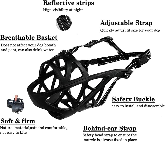 Dog Muzzle, Breathable Basket and Soft Cage Black Dog Mouth Cover,Anti-Biting, Barking and Chewing for Small Medium Large Dogs, 1 Pack Poop Bags for Dogs (XL)-PurrikoPets