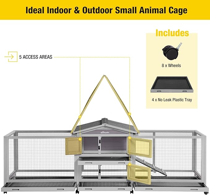 Aivituvin Rabbit Hutch Large 2-Story Bunny Cage Indoor Outdoor on Wheels Bunny House with Run,Pull-Out Tray-PurrikoPets