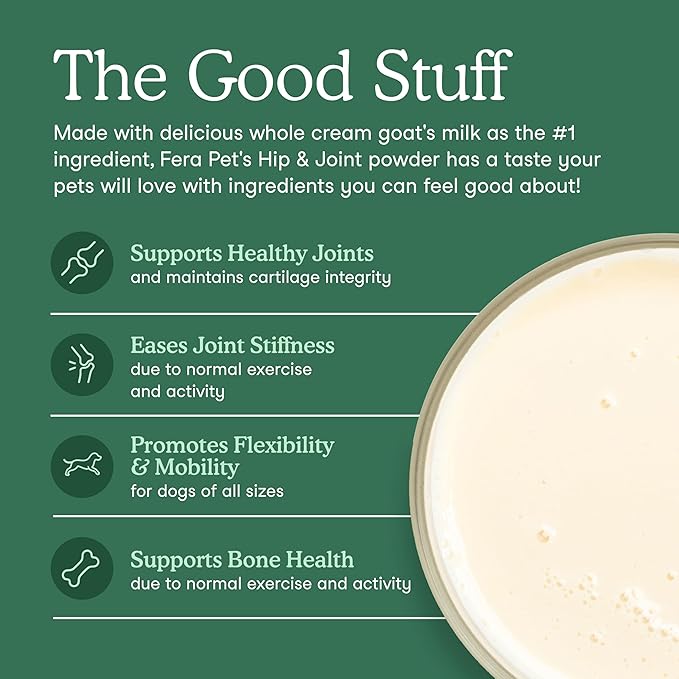 Fera Pets Goat Milk - Cat & Dog Hip and Joint Support with Glucosamine, MSM & Green Lipped Mussel - Supports Flexibility, Mobility & Bone Health - for Picky Eaters - 60 TSP-PurrikoPets