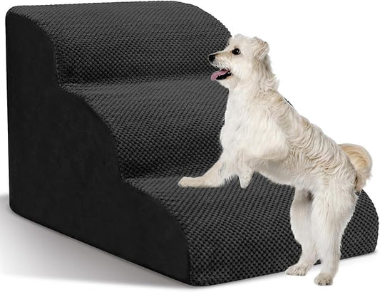 Dog Stairs for Small Dogs - High Density Foam Pet Steps, Extra Wide Dog Ramp with Non-Slip Bottom for High Beds, Couch and Sofa, Best for Dogs Injured, Older Doggy Cats,3 Steps, Black-PurrikoPets