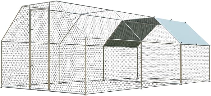 4ever2buy Large Metal Chicken Coop with Run Walk-in Poultry, Cage Chicken Runs House Pen Cage, Flat Roofed Chicken Coops with Anti-Ultraviolet Cover for Outdoor, Yard Farm, Use 9.2’Lx18.7’Wx6.4’H-PurrikoPets