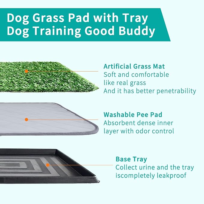 35"X22.6" Dog Grass Pad with Tray - Indoor/Outdoor Artificial Turf Potty Training Mat for Large Dogs, Portable Dog Litter Box for Balcony/Patio, Washable Reusable Pee Pad and Fake Grass for Dogs-PurrikoPets