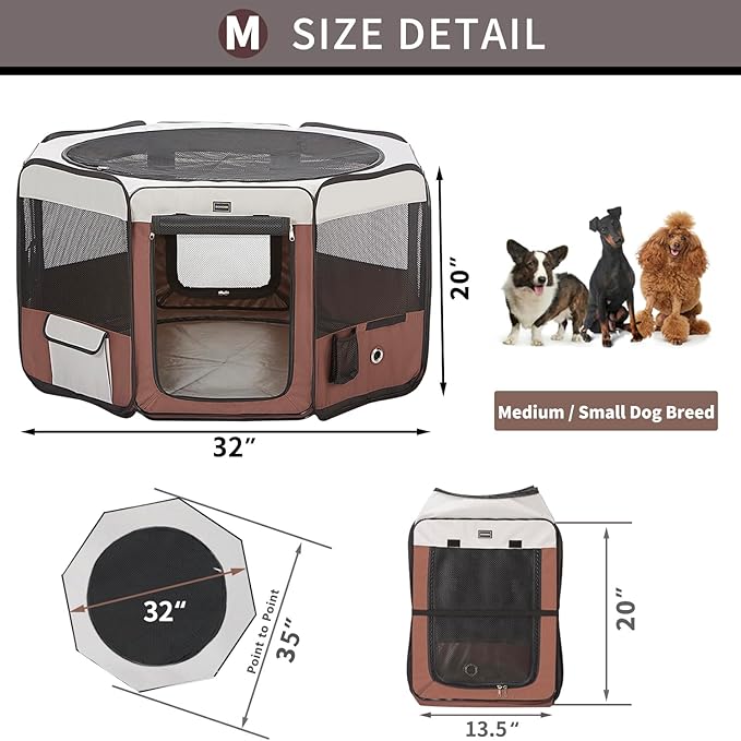 DONORO Dog Playpen Portable Pet Play Pens for Small Dog/Cat/Rabbit/Chicks, Cat Playpen Indoor/Outdoor with Carring Case, Removable Zipper Top and Bottom (Brown, Medium (35"x35"x20"), 8)-PurrikoPets