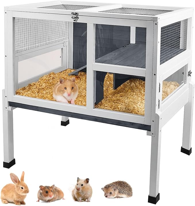 2-Story Guinea Pig Cage with Stand, Indoor Wooden Hamster Cage with Ramp, Pull-Out Tray, Hideout & Platform, Acrylic Transparent Small Animal Habitat for Chinchillas, Ferrets, Hedgehogs,Grey-PurrikoPets