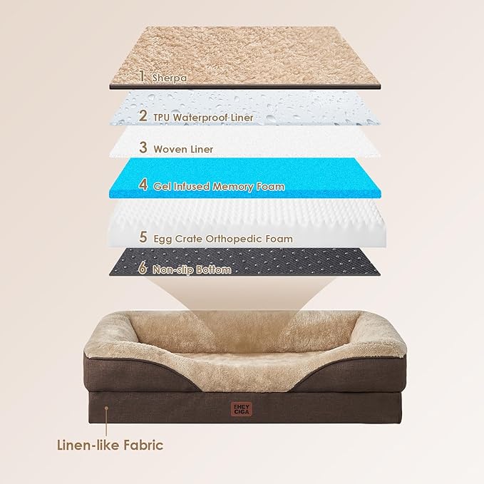 EHEYCIGA Memory Foam Dog Bed for Medium Size, Orthopedic Dog Sofa with Sides and Waterproof Liner, Washable Bolster Pet Couch with Removable Cover, 35x22x6.5 Inch, Brown-PurrikoPets
