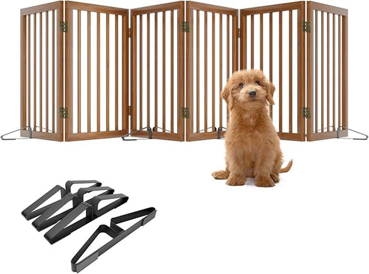 Freestanding Pet Gate Foldable Dog Gate (110 inches Wide) Walnut Bamboo Dog Gates for Stair Doorways House Puppy Fences Indoor (4 Support Feet Included)-PurrikoPets