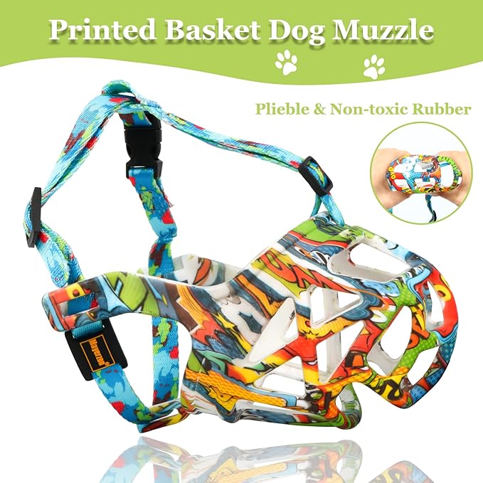 Dog Muzzle, Printed Basket Muzzle for Small Medium Large Dogs Dachshund, Beagle, German Shepherd, Breathable Pet Muzzles to Prevent Biting Chewing Scavenging, Allows Panting and Drinking-PurrikoPets