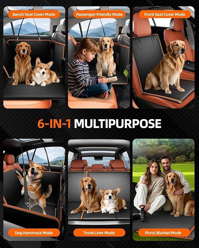 6-in-1 Leather Dog BackSeat Extender, Hard Bottom 40/60 Split Waterproof Car Back/Front Seat Cover, Rear Hammock Carseat Protector, Large Size Pet Mat for SUV/Truck/Cargo, Vehicle Bed Travel Accessory-PurrikoPets