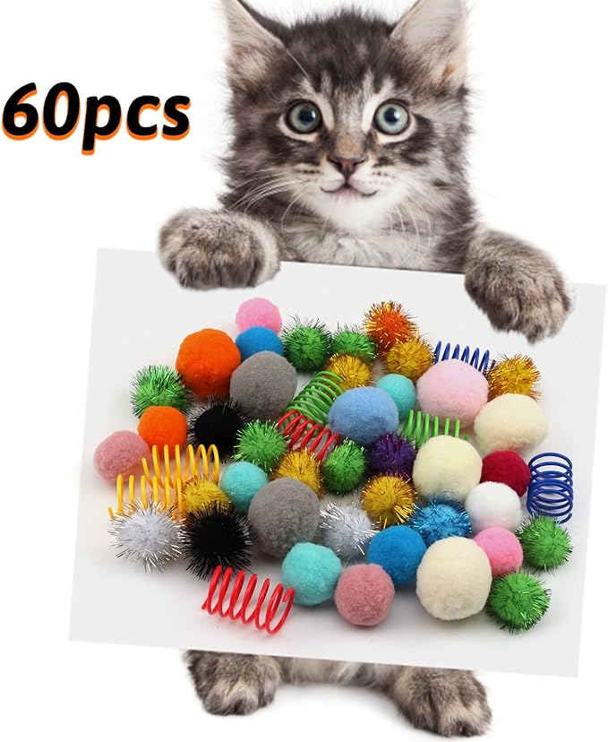 60 Pack Cat Toys - Assorted Kitten, Mouse, Crinkle & Pom Pom Balls-PurrikoPets