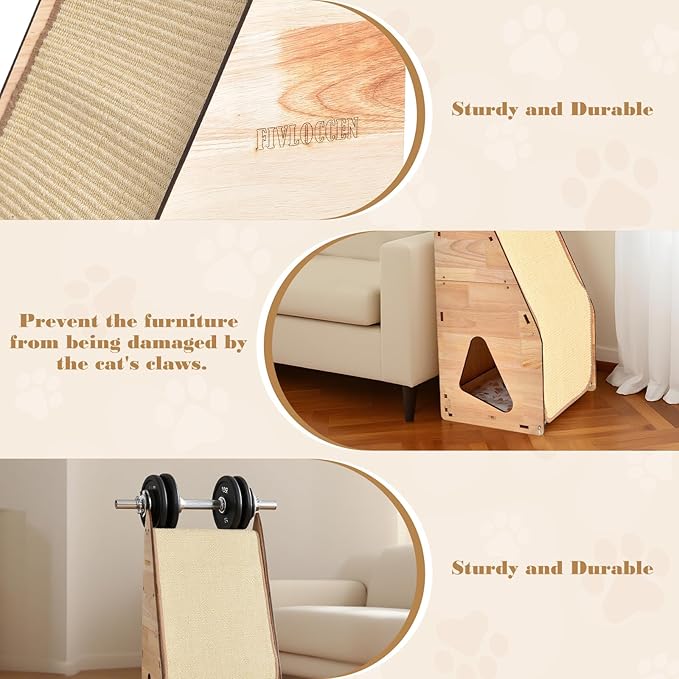 32in Cat Scratching Posts for Indoor Cats: Replaceable Sisal Mats & Sturdy 3D Wood Frame, Integrated Cat Condo, Hideout, Tunnel, All-in-One Space Saver for Multi-Cat & Budget-Friendly Homes-PurrikoPets