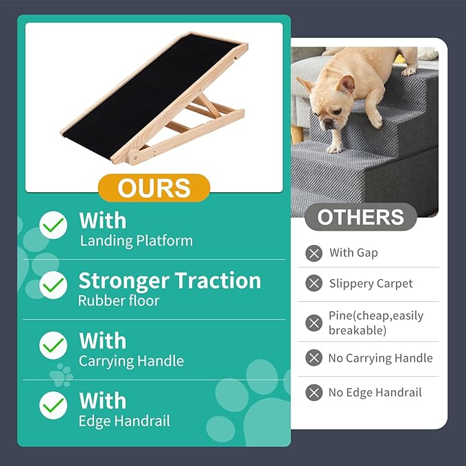 Dog Ramp, Adjustable Height Wooden Folding Pet Ramp for Bed, Couch,SUV-High Traction, Portable Paw Ramps for Small & Large Old Dogs & Cats - Furniture Quality-PurrikoPets