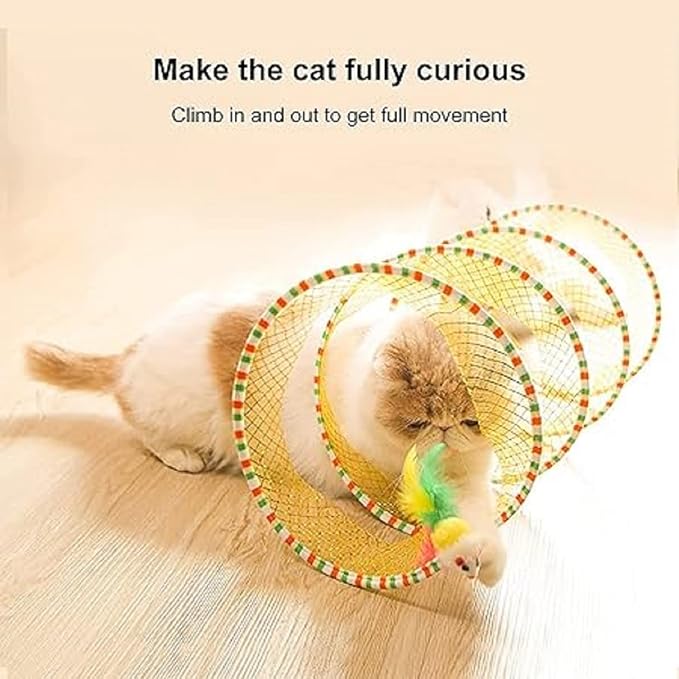 2Pcs Folded Cat Tunnel Toy for Indoor Cats,Collapsible Pet Spring Cat Toys with Feather Mouse Upgrade Interactive Toy Playing Tent for Puppy Kitten Accessories Home Self-Happy Cat Toys (Yellow)-PurrikoPets