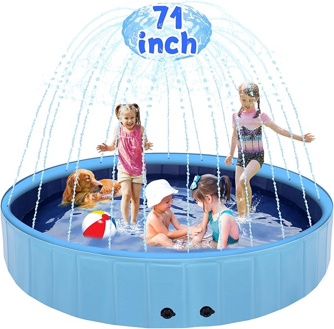 71" Large Dog Pool with Sprinkler, 2-in-1 Foldable Swimming Pool Non-Slip Hard Plastic Splash Sprinkler Kiddie Pool for Outdoor Backyard Kids Dogs Ducks and Pet Baths-PurrikoPets