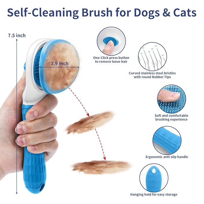 5 in 1 Dog Grooming Kit - Self-Cleaning Slicker Brush for Shedding Short Long Haired Dogs & Cats, Includes Pet Comb, Flea Comb, Bath Brush, Undercoat Rake - Complete Fur Care Set - Blue-PurrikoPets