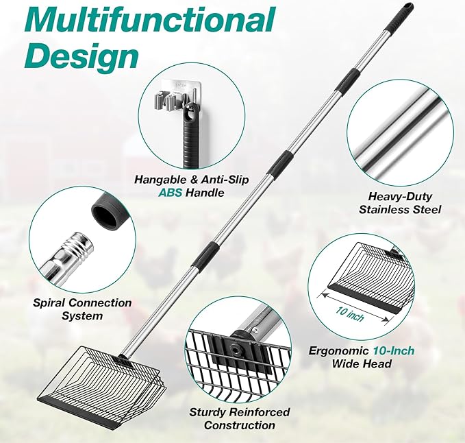 Adjustable Chicken Poop Scooper, Heavy Duty Stainless Steel Chicken Rake with 3-Slot Pole, Multi-Use Pet Waste Shovel & Hay Scooper - 36"/50"/64" Length-PurrikoPets