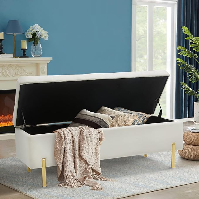 45.6 Inch Velvet Storage Bench Upholstered Tufted Settee Ottoman Bench with Storage, Bed End Bench with Soft Close Lid, for Bedroom, Living Room, Entryway, Rectangular Accent Bench, Beige-PurrikoPets