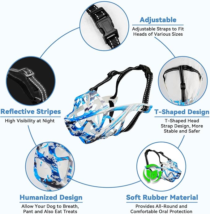 Dog Muzzle for Large Dogs, Breathable Basket Muzzles for Small, Medium and X-Large Aggressive Dog, Allows Panting Drinking, Suitable for Grooming Trimming Training (Camouflage Blue, L)-PurrikoPets