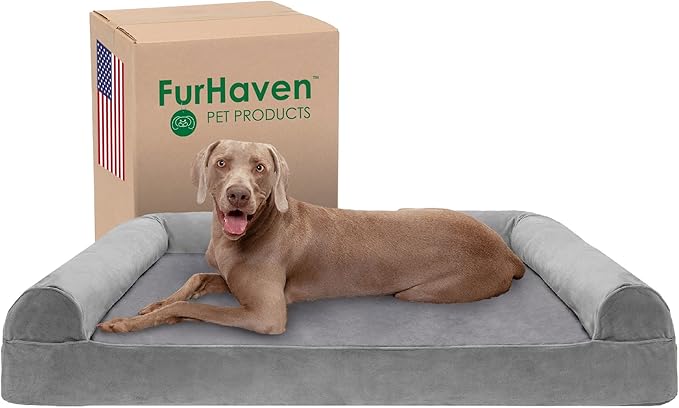 Furhaven Cooling Gel Dog Bed for Large Dogs w/ Removable Bolsters & Washable Cover, For Dogs Up to 125 lbs - Faux Fur & Velvet Sofa - Smoke Gray, Jumbo Plus/XXL-PurrikoPets