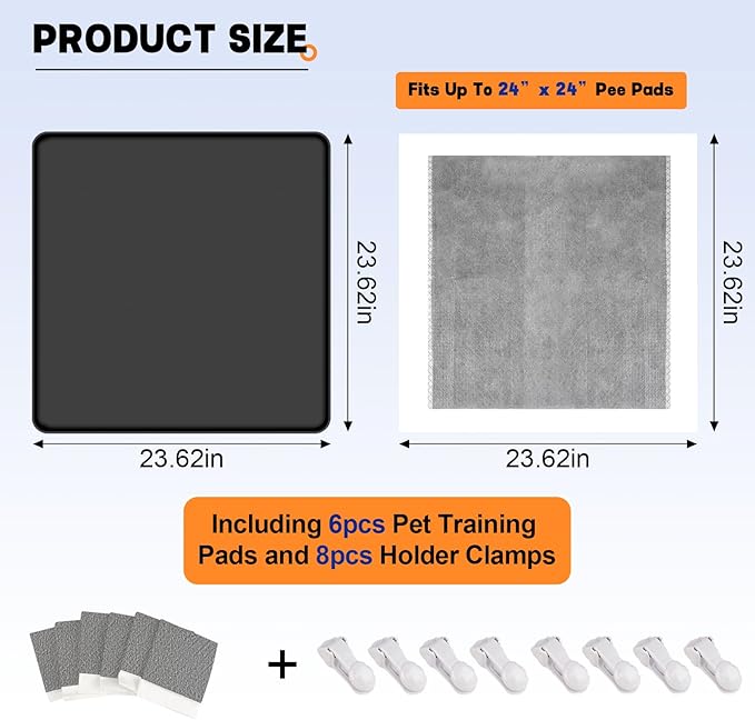 Dog Pee Pad Holder, Puppy Pad Holder Tray for 24'' x 24'' Training Pads, 15pcs Dog Potty Tray Set Include High Edge Silicone Mat & 6 Activated Charcoal Disposable Puppy Pads & 8 Holder Clamps-PurrikoPets