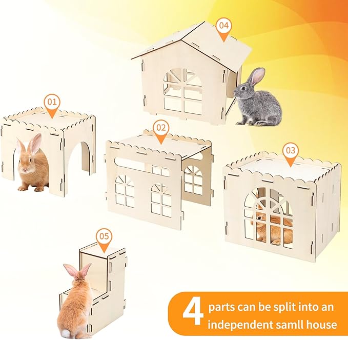 Extra Large Bunny Castle Hideout, Wooden Bunny House and Hideouts Detachable Rabbits Hideaway, Indoor Rabbit Castles Sturdy Small Animal Play Hideaway Hut for Rabbits, Guinea Pigs, Chinchillas-PurrikoPets