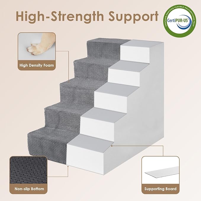 EHEYCIGA Dog Stairs for High Bed 25" H, 5-Step Extra Wide Dog Steps for Bed, Pet Steps for Small Dogs and Cats, Non-Slip Balanced Pet Ramp Indoor, Grey-PurrikoPets