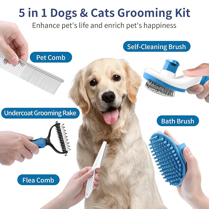 5 in 1 Dog Grooming Kit - Self-Cleaning Slicker Brush for Shedding Short Long Haired Dogs & Cats, Includes Pet Comb, Flea Comb, Bath Brush, Undercoat Rake - Complete Fur Care Set - Blue-PurrikoPets