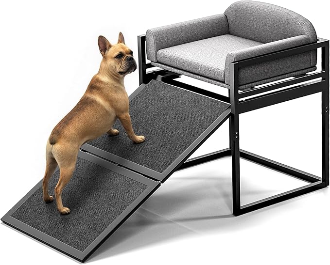 Dog Ramp Doggie Stairs with Seat Mate,Puppy Chair Get on High Bed Couch Office Window Perch,Non Slip Dachshunds Foldable Ladder,Pet Doggy Step for Small Old Dogs,Chihuahua Cat Platform Grey-PurrikoPets