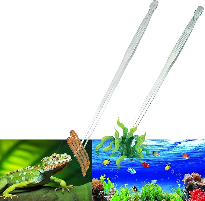 2pcs 18.9 inch Aquarium Tweezers with Hanger, 2025 New Extra Long Feeding Tongs, Stainless Steel Large Aquascape Tools for Fish Tank, Terrarium，Aquascaping, Reptile Snake (Curved & Straight)-PurrikoPets