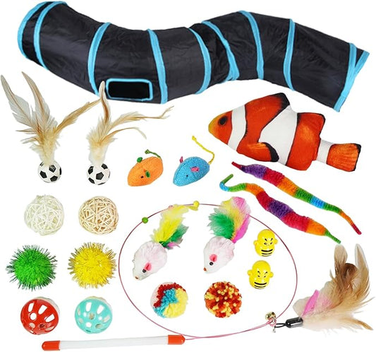 21-Piece Cat Toys Set, Interactive Tunnel, Balls, Mice, Feather Wands, Catnip Toys(Black Tunnel)-PurrikoPets