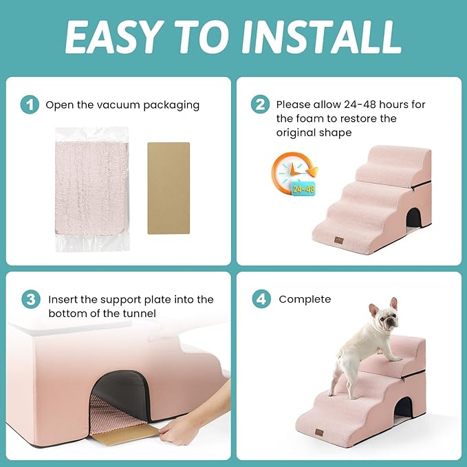 Extra Wide Dog Stairs with Tunnel, Detachable Large Pet Step for Small Medium Dog, Puppy or Cat, Ramp for High Bed, Couch, Sofa or Car, Stable, 19.7x33x22.4 inch, 5 Step, Pink-PurrikoPets