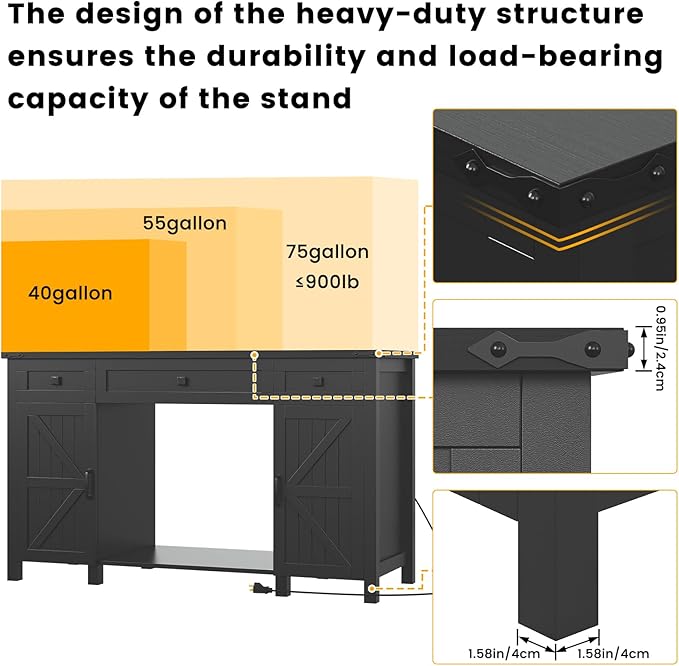 55-75 Gallon Aquarium Stand With Charging Station, Farmhouse Fish Tank Stand, Reptile Tank Stand Terrarium Stand with Drawer and Cabinet Storage, Sturdy Heavy Duty 53.5"×19.7" Tabletop - Black-PurrikoPets