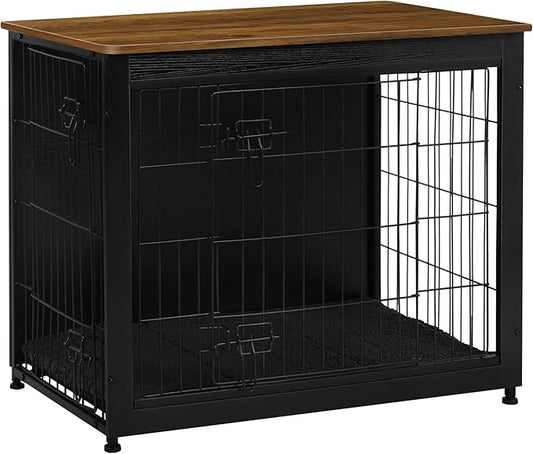 DWANTON Dog Crate Furniture with Cushion, Wooden Kennel Table with Double Doors, Indoor Dog House, Medium Size, 32.5" L, Black+Warm Brown-PurrikoPets