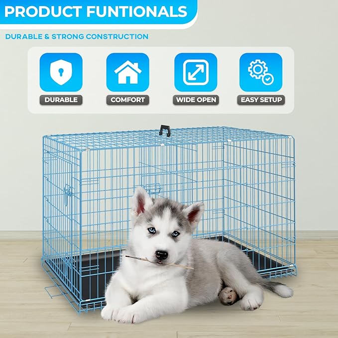 FDW Dog Crate for Medium Dogs 30 Inch Folding Metal WirePet Cage Double Door W/Divider Panel Indoor Outdoor Kennel Leak-Proof Plastic Tray,Blue-PurrikoPets