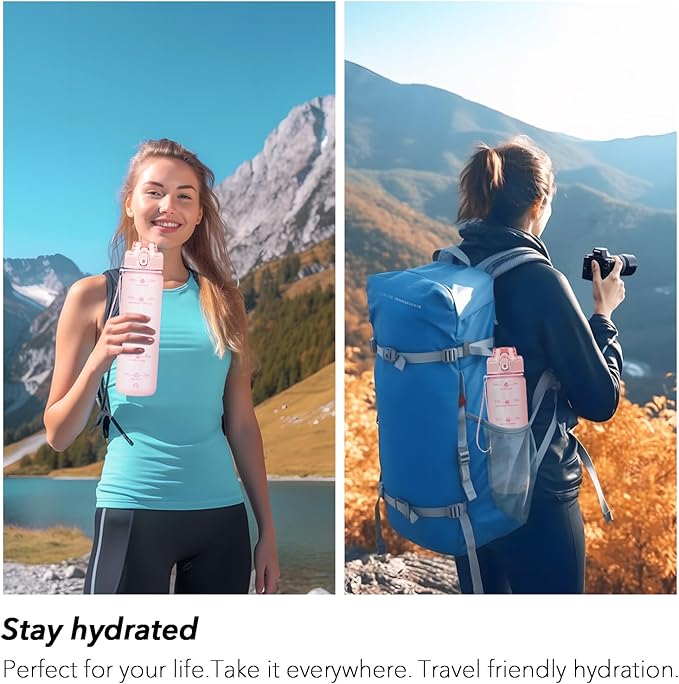 32oz Motivational Water Bottles with Time Marker & Fruit Strainer, Transparent Gradient Color Water Bottle with Times to Drink, Leakproof & BPA Free, Reusable Bottle with Strap (No Straw)-PurrikoPets