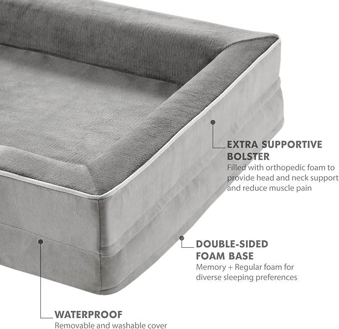 Friends Forever Orthopedic Dog Bed for Extra Large Dogs, Waterproof Memory Foam Dog Sofa Bed XL with Removable Washable Cover, Ally Grey, 42x32x7-PurrikoPets