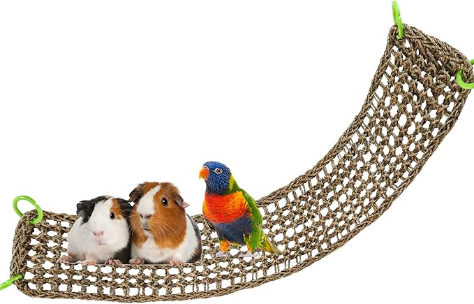 39 x 7 Inches Seagrass Mat, Natural Seagrass Woven Net, Bird Hammock Mat with Hooks, Cage Accessories, Climbing Rope Ladder Chew Toys for Cockatiel, Hamster, Guinea Pig, Rats, Parakeet-PurrikoPets