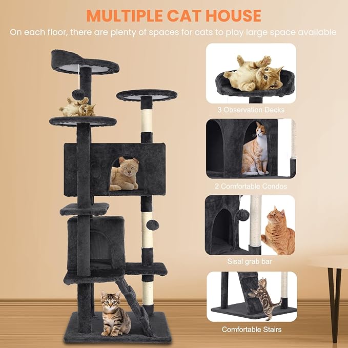 54.7 inches Cat Tower for Indoor Cats, Multi-Level Cat Condos with Scratching Posts, Hanging Toys, Dark Gray-PurrikoPets