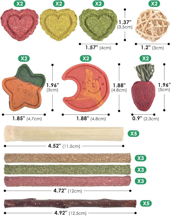 ERKOON 33PCS Bunny Chew Toys for Rabbits Teeth, Natural Rabbit Toys Apple Wood Sticks, Carrot, Timothy Grass Toys for Small Pets, Hamster, Chinchilla, Guinea Pig Dental Care and Treat Teething Toys-PurrikoPets