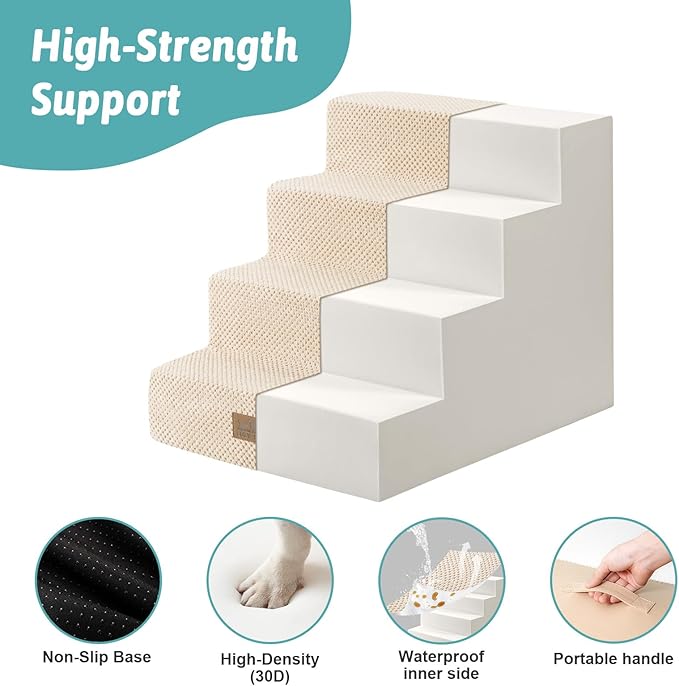 Dog Stairs for Small Dogs, 4 Tier Wider Pet Stairs for Couch and Beds, 17.7" H Non-Slip Dog Steps for Old Cats, Puppy, Small Medium Dogs, 17.7x23.6x17.7 inch, Beige-PurrikoPets