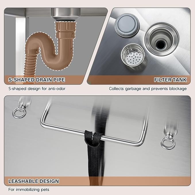 Albott 34 Inch Stainless Steel Dog Washing Station with Non-Slip Steps, Sprayer, Faucet, Tow Rope – Professional Pet Bathtub for Small Dogs, Great for Home, Garage, Salon (Left Door)-PurrikoPets