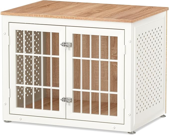 32" Heavy Duty Dog Crate Furniture for Small and Medium Dogs, Metal Kennel for High Anxiety Dogs, Chew Proof Pet Cage Indoor, Decorative Dog Kennel End Table, White-PurrikoPets