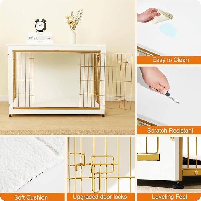 DWANTON Dog Crate Furniture with Cushion, Wooden Kennel Table with Double Doors, Indoor Dog House, Large Size, 38.5" L, White-PurrikoPets