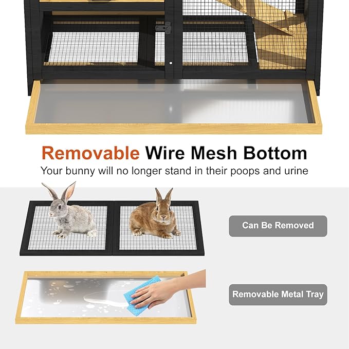 40'' Rabbit Cage Bunny Cage Indoor, Outdoor Rabbit Hutch for Small Animals, 2-Story Wooden Guinea Pig Cages with Wheels & 2 Deeper No Leak Trays, Waterproof Openable Roof & Bottom Wire Mesh-PurrikoPets