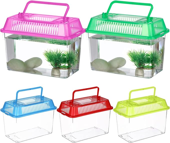 5pcs Small Fish Carrier with Breathable Lids, Portable Betta Fish Tank, Clear Breeding Boxes for Lizard, Turtle, Tarantula（Assorted Color）-PurrikoPets
