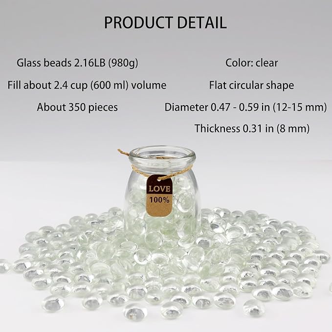 2.16LB Glass Beads Vase Filler Aquarium Gravel Decor Flat Glass Marbles Gems Pebbles Fish Tank Rocks Home Decorative Art Craft - Clear-PurrikoPets