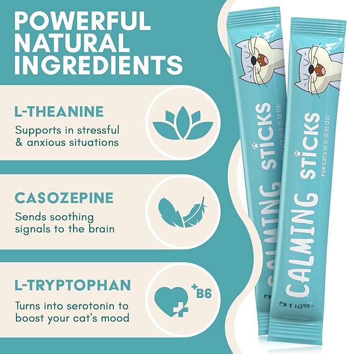 ALBERT & MIA Calming Sticks Lickable Calming Cat Treats for Stress and Anxiety Relief for Cats, Irresistible - Vet Recommended (Sleeping Aid, Vet Visits, Grooming, Car Rides, Plane) 20 Pack-PurrikoPets